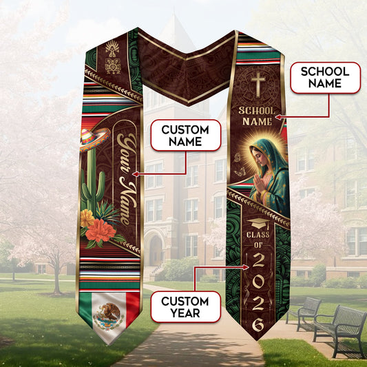 Custom Mexican Graduation Stole 2026 Virgin Mary Cactus Sombrero Name School Sash