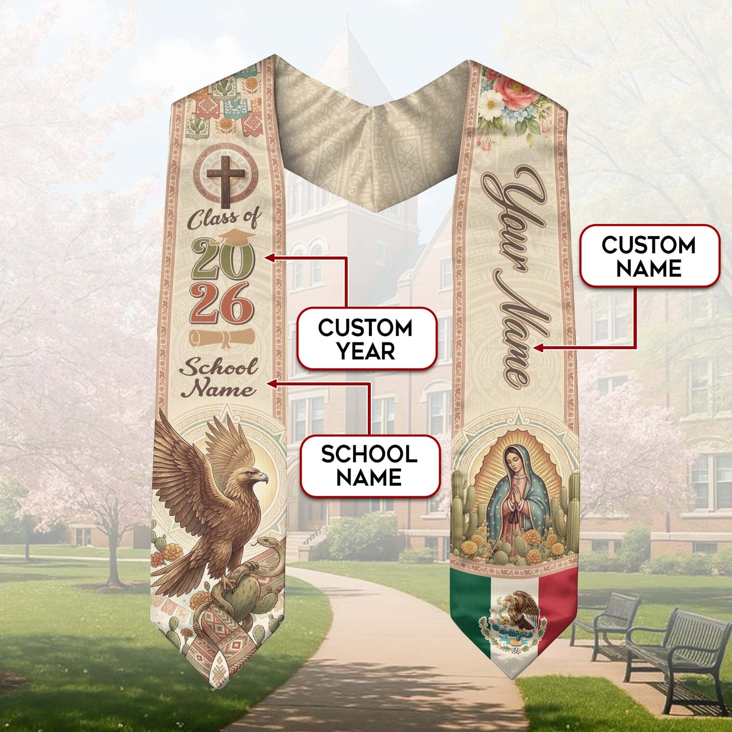 Custom Mexico Graduation Stole 2026 - Our Lady of Guadalupe & Eagle Heritage Sash