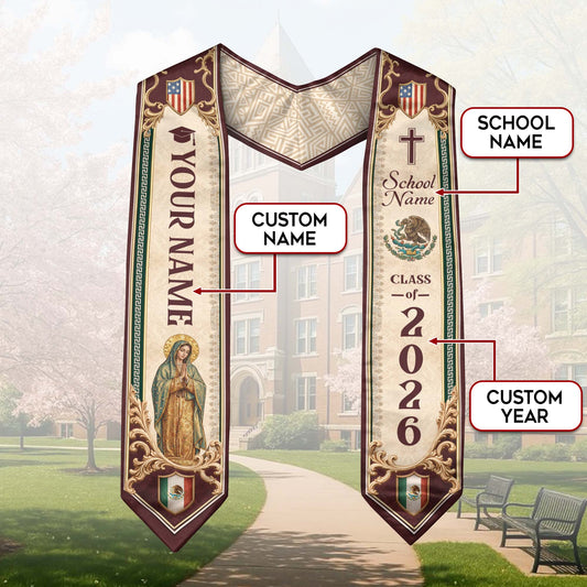 Custom Mexico US Flag Graduation Stole 2026 - Our Lady of Guadalupe Heritage Sash