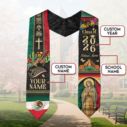Personalized Mexican Graduation Stole 2026 - Aztec Pyramid & Guitar Heritage Sash