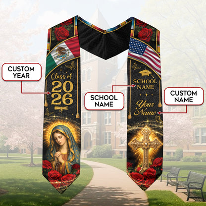 Custom Mexico Graduation Stole Class of 2026 Virgin Mary Cross Mexican Flag Sash