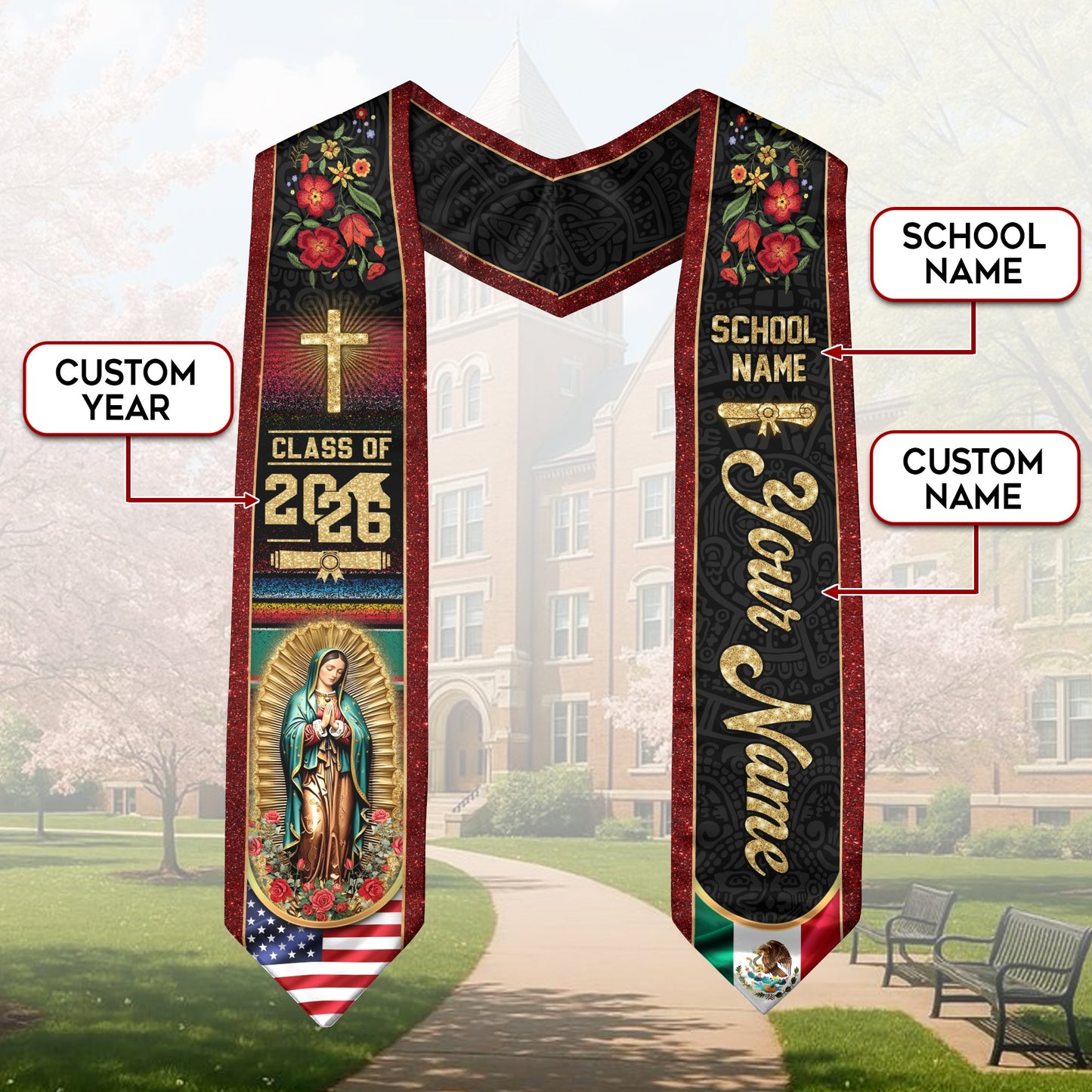 Personalized Mexico US Flag Graduation Sash 2026 - Virgin Mary Floral Stole Gold