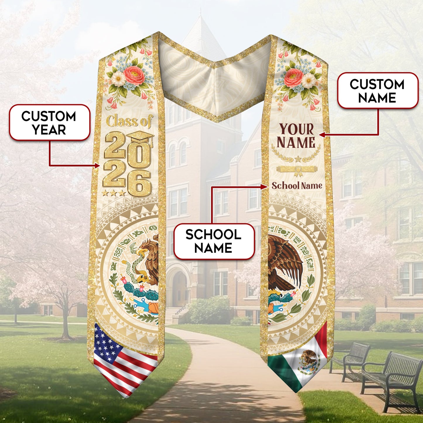 Mexico USA Graduation Stole Class of 2026 - Personalized Dual Heritage Floral Gold Sash