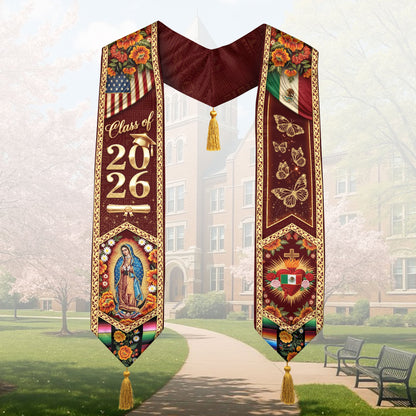 Mexico Stole Class of 2026 Butterfly Sacred Heart Virgin Guadalupe Floral Tassel Sash
