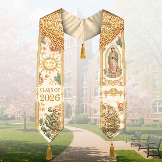 Mexico Graduation Stole Class of 2026 Sun Moon Virgin Guadalupe Floral Tassel Sash