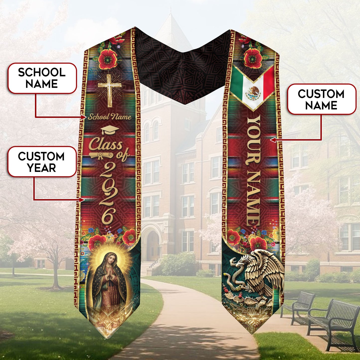 Custom Mexican Heritage Graduation Stole 2026 Virgin Mary Serape Eagle Sash