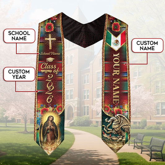 Custom Mexican Heritage Graduation Stole 2026 Virgin Mary Serape Eagle Sash