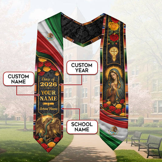 Mexico Graduation Stole 2026 Personalized Virgin Mary Eagle Rose Heritage Sash