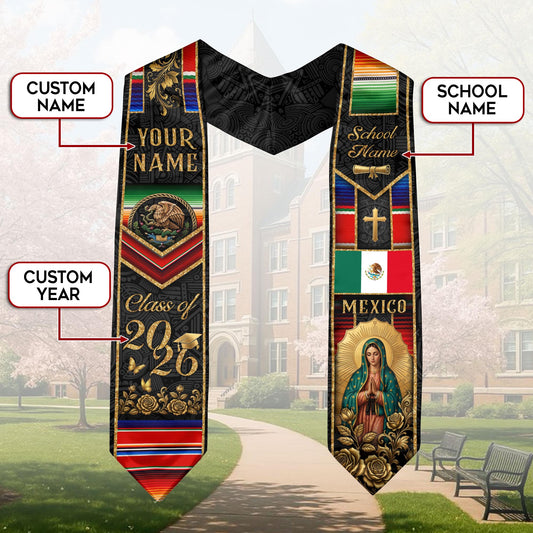 Mexican Heritage Graduation Stole 2026 - Custom Name School Eagle Virgin Mary Gold Sash