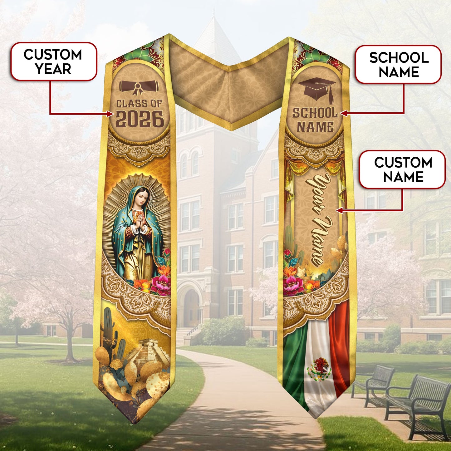 Mexico Graduation Stole 2026 Virgin Mary Pyramid Personalized Heritage Gold Sash