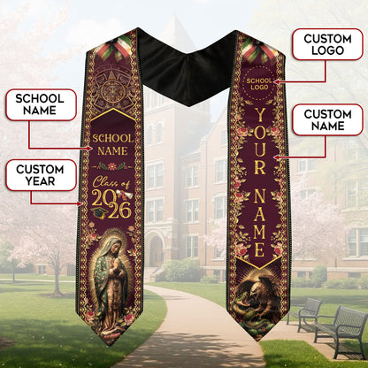 Mexico Graduation Stole 2026 Virgin Mary Burgundy Gold Personalized Heritage Sash