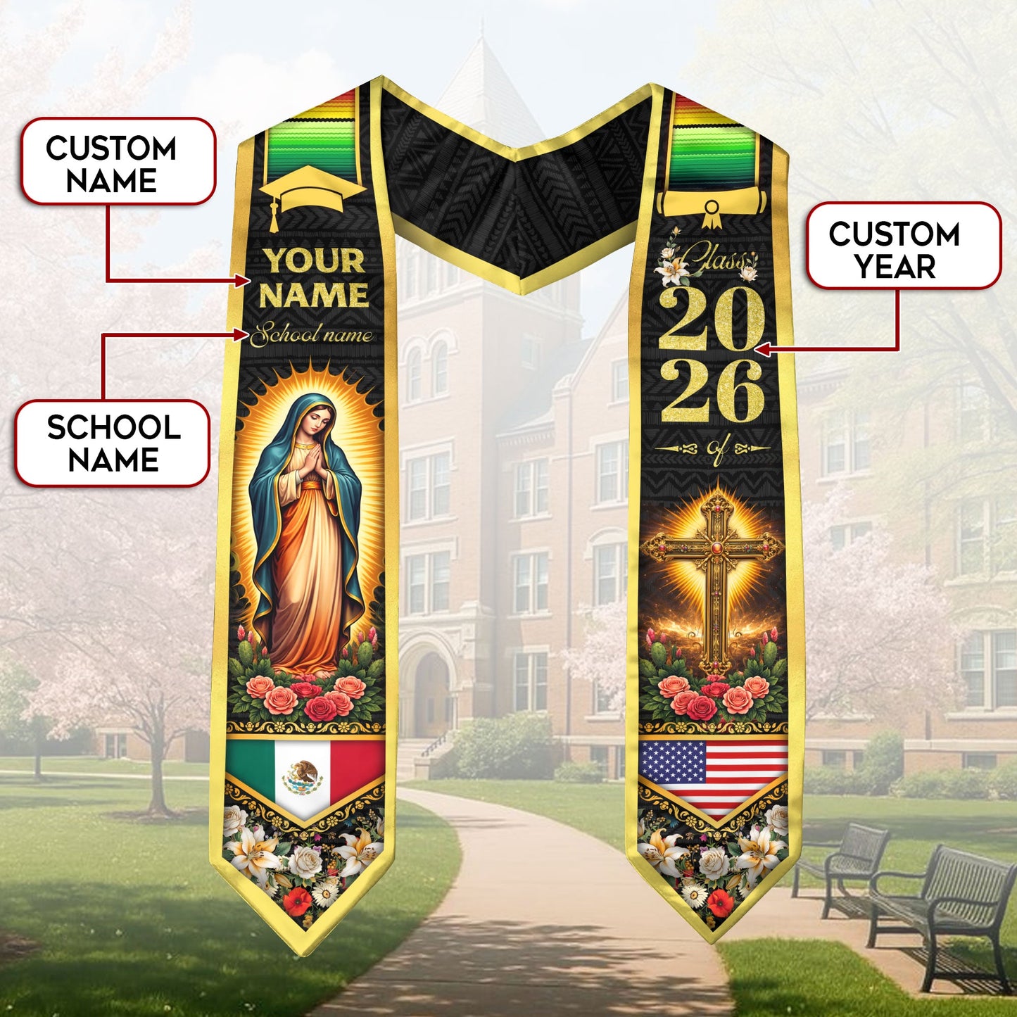 Custom Mexico USA Flag Graduation Stole 2026 Virgin Mary Cross Heritage Sash