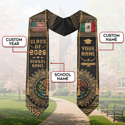 Custom Mexico USA Flag Graduation Stole 2026 Aztec Calendar Heritage Gold Sash