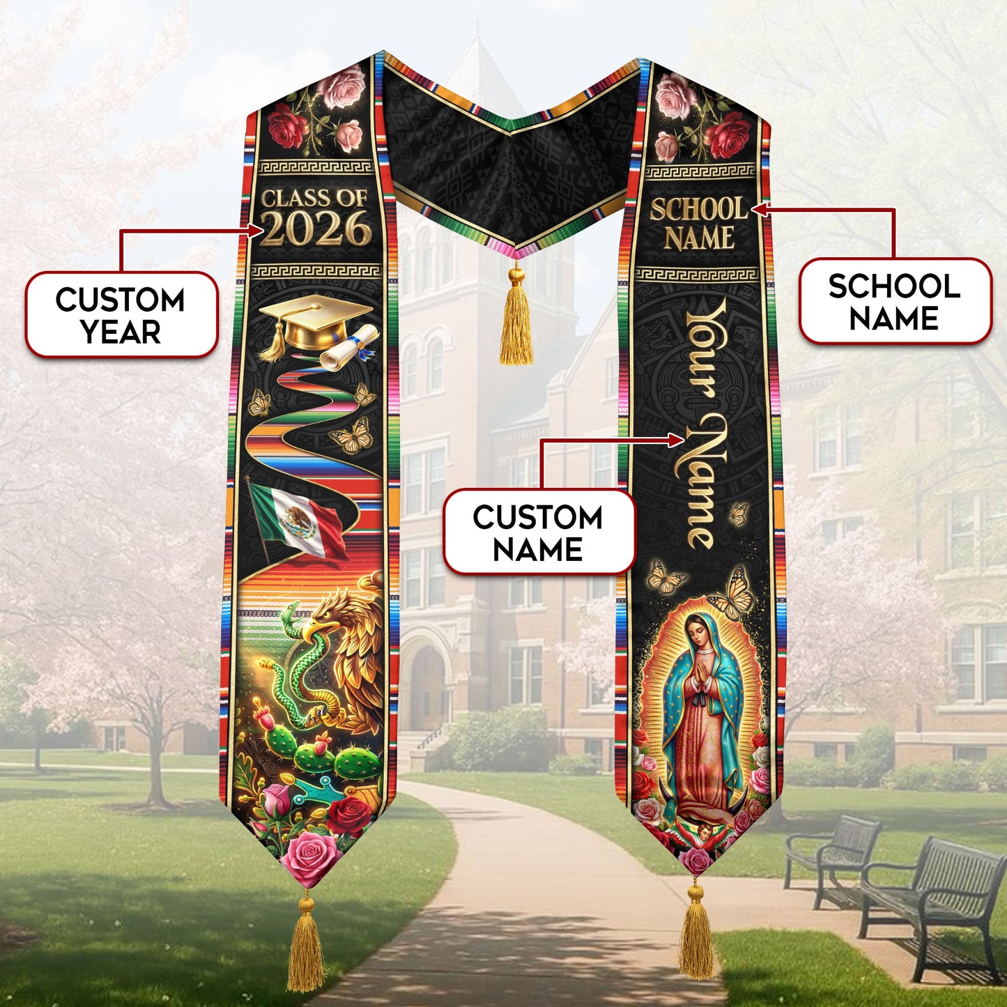 Custom Mexico Graduation Stole 2026 Tassels Virgin Mary Eagle Serape Sash