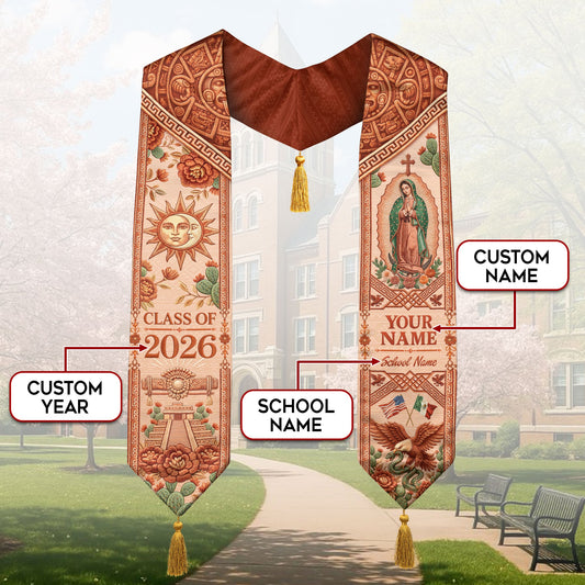 Personalized Mexico Graduation Stole 2026 Tassels Virgin Mary Terracotta Aztec Sash