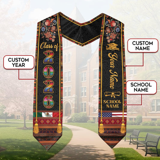 Custom Mexican American Grad Stole Class of 2026 Embroidered Style Graduation Sash