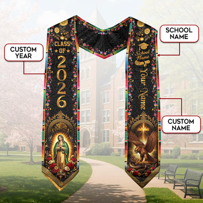 Mexico Graduation Stole Custom Class of 2026 Virgin Mary Aztec Eagle Serape Sash