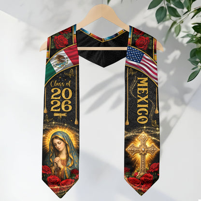 Mexico Graduation Stole Class of 2026 Virgin Mary Guadalupe Cross Serape Mexican Flag