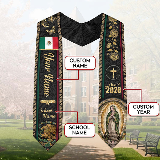 Mexico Graduation Stole 2026 - Personalized Virgin Mary Rose Butterfly Gold Sash