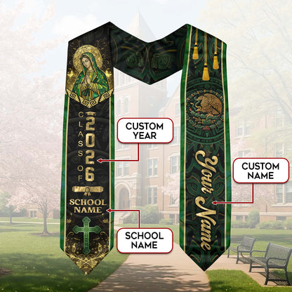 Mexican Heritage Graduation Stole 2026 - Custom Name Green Gold Virgin Mary Cross Sash
