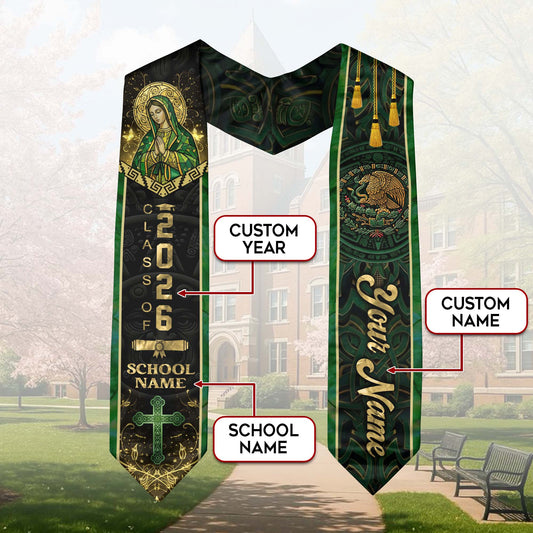 Mexican Heritage Graduation Stole 2026 - Custom Name Green Gold Virgin Mary Cross Sash