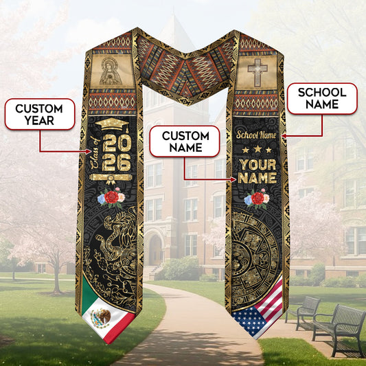 Mexico Graduation Stole 2026 Aztec Calendar Virgin Mary Personalized Sash Gift