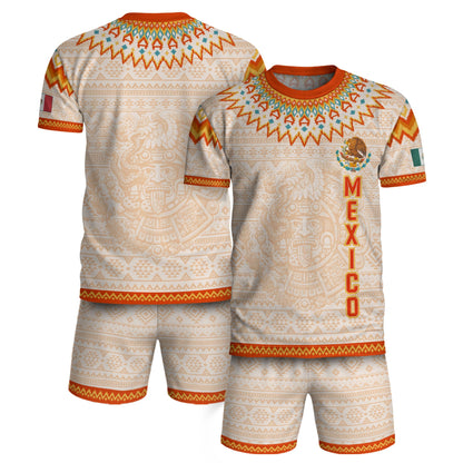 Mexico Cream Orange Heritage Soccer Jersey, Aztec Pattern Mexican Roots Design Jersey For Men