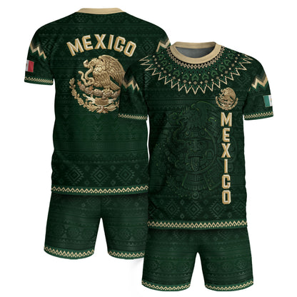 Mexico Heritage Soccer Jersey, Green Gold Aztec Calendar Design Sports Jersey for Men