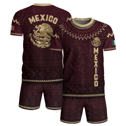 Mexico Heritage Soccer Jersey, Maroon Burgundy Gold Aztec Eagle Design Sports Jersey for Men