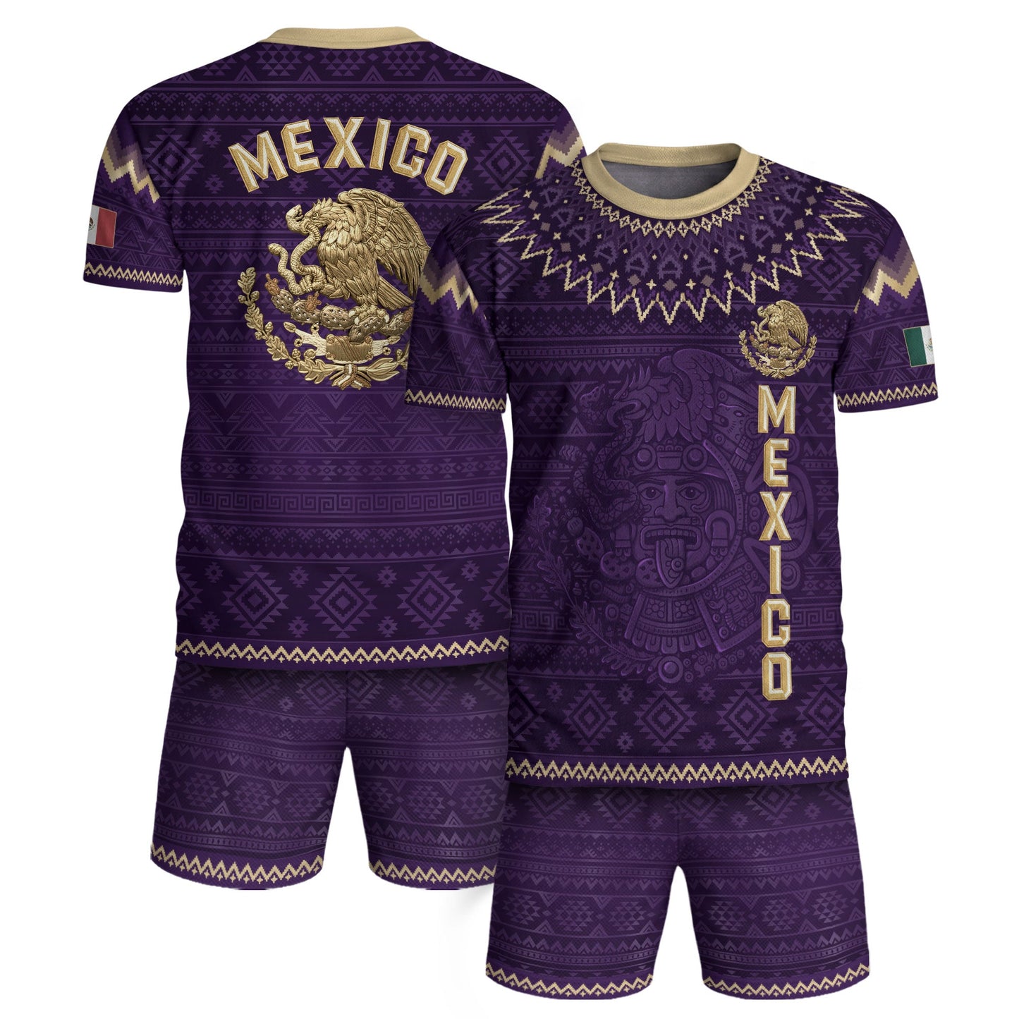 Mexico Heritage Soccer Jersey, Purple Gold Aztec Calendar Design Sports Jersey for Men