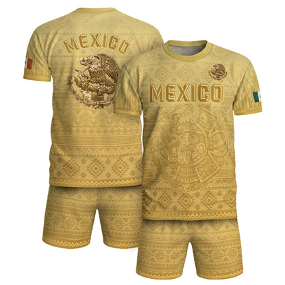 Mexico Heritage Soccer Jersey, Yellow Gold Aztec Calendar Design Sports Jersey for Men