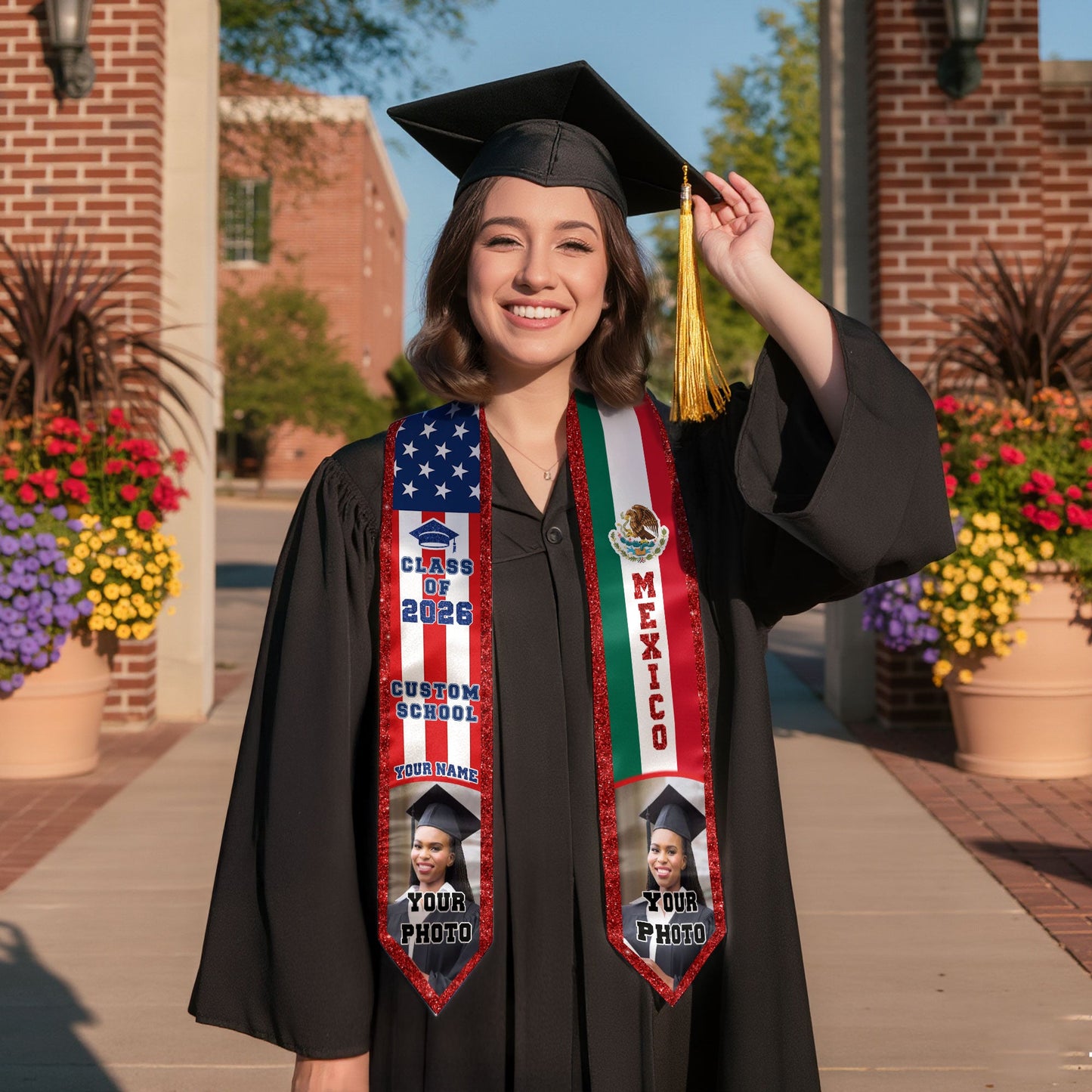 Custom Mexican Graduation Stole 2026 USA Mexico Flag Photo Class Cap School Name
