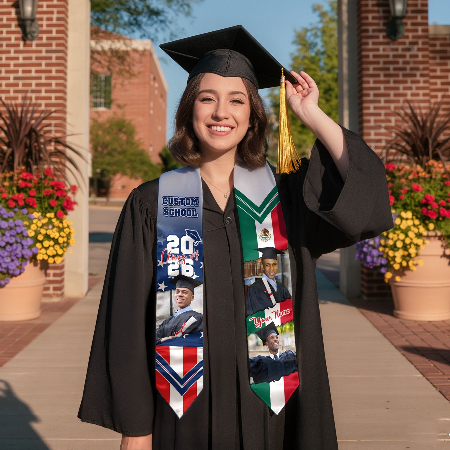 Custom Mexican Graduation Stole 2026 USA Flag Mexico Flag Photo Class School