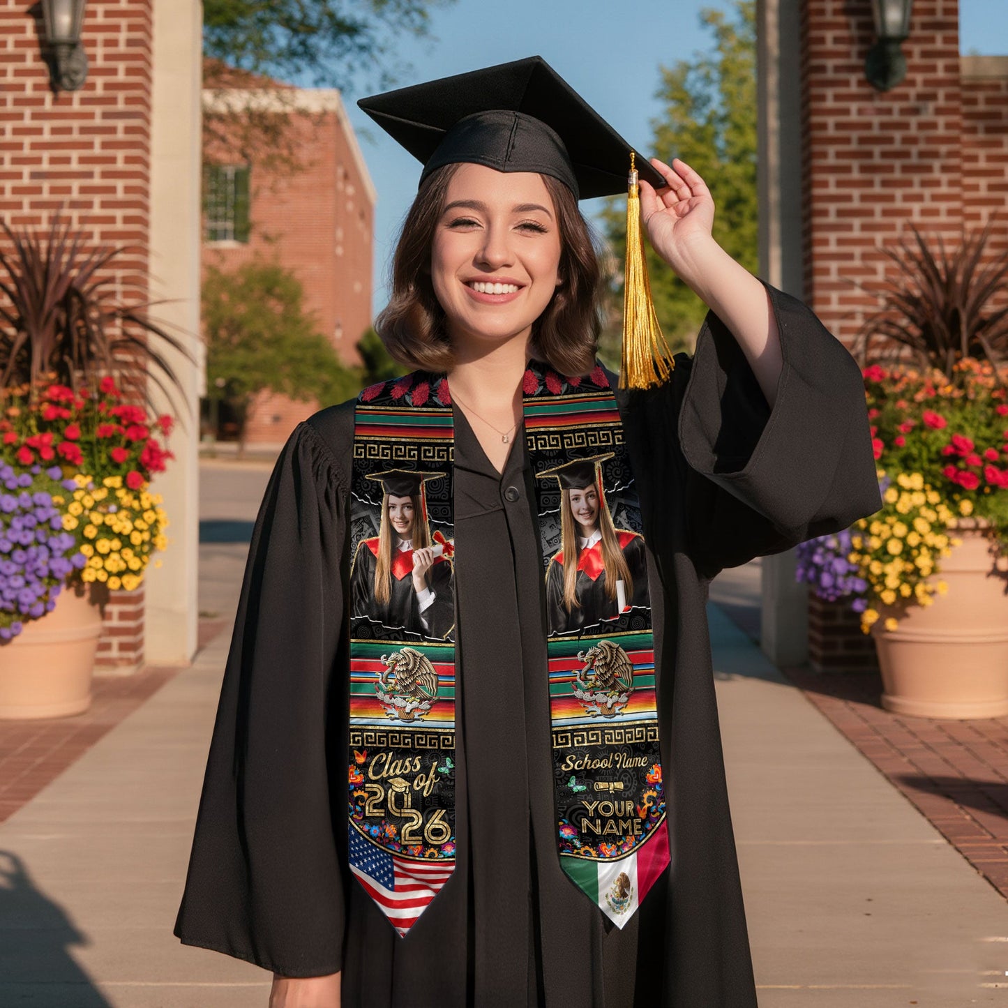 Custom Photo Mexican Graduation Stole 2026 Aztec Eagle & USA Flag Graduation Sash Mexican
