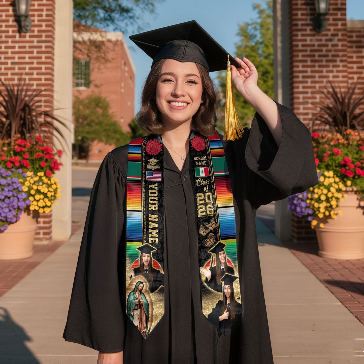 Graduation Stole Mexican with Aztec Patterns Serape USA & Mexico Flag Custom Photo Sash 2026