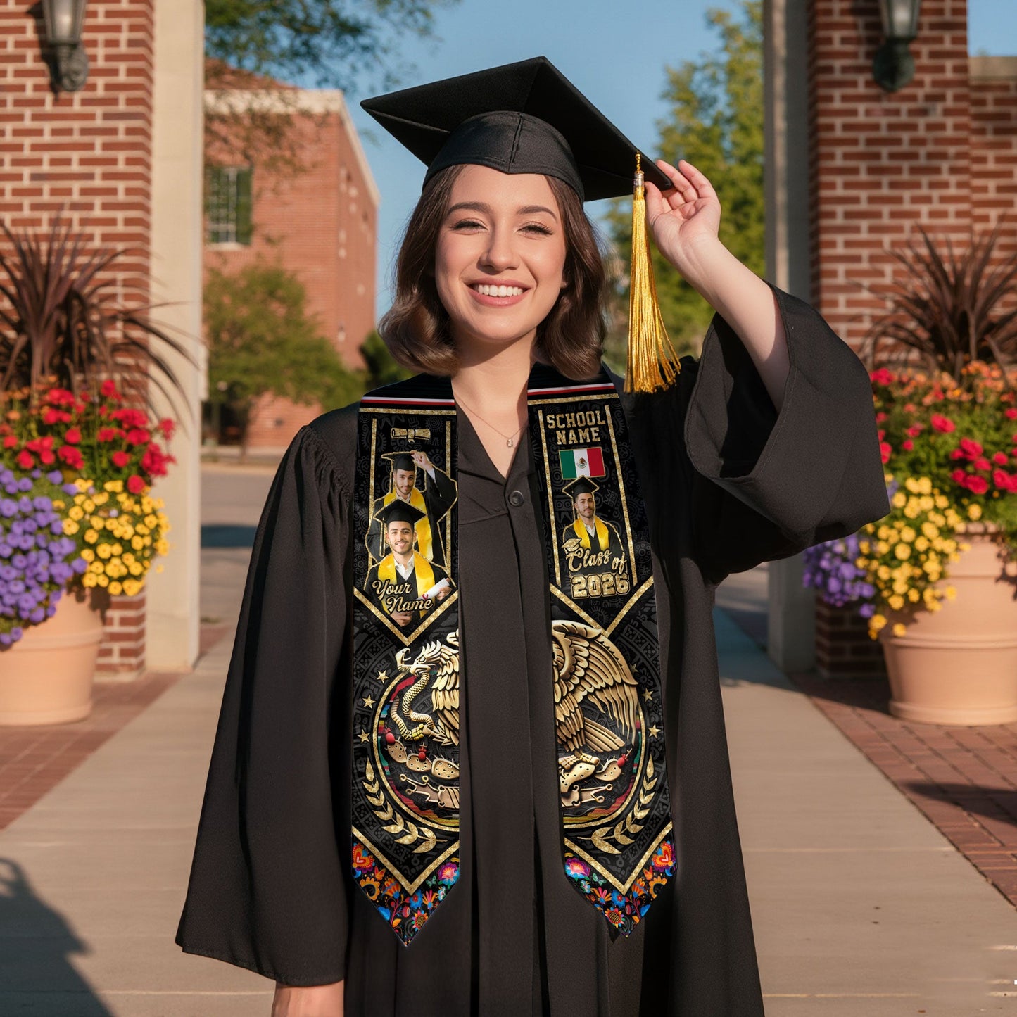 Custom Photo Mexican Graduation Stole 2026 Aztec Eagle Gold Serape Graduation Sash Mexico