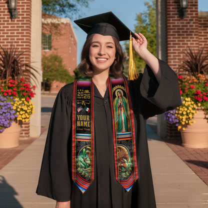 Virgen de Guadalupe 2026 Graduation Stole – Custom USA & Mexico Senior Sash with Eagle Emblem & Serape Detail
