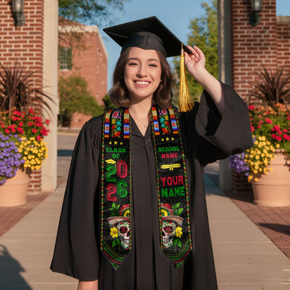 Custom Class of 2026 Graduation Stole – Mexican Serape & Sugar Skull Design, Personalized School and Name Sash