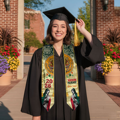 Custom Aztec Sun & Virgen Graduation Stole 2026 – Personalized Class of 2026 Senior Sash with School Name