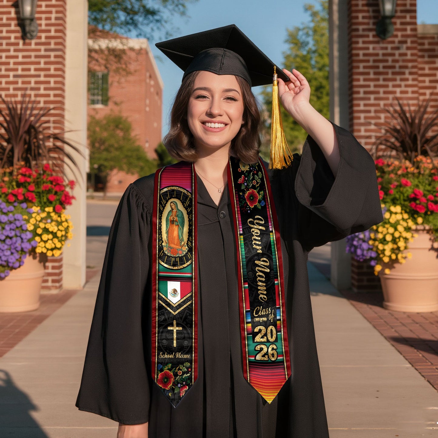 Custom Virgen de Guadalupe Christian Graduation Stole 2026 – Personalized Class of 2026 Senior Sash with Cross & Floral Design