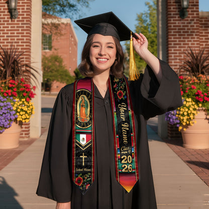 Custom Virgen de Guadalupe Christian Graduation Stole 2026 – Personalized Class of 2026 Senior Sash with Cross & Floral Design