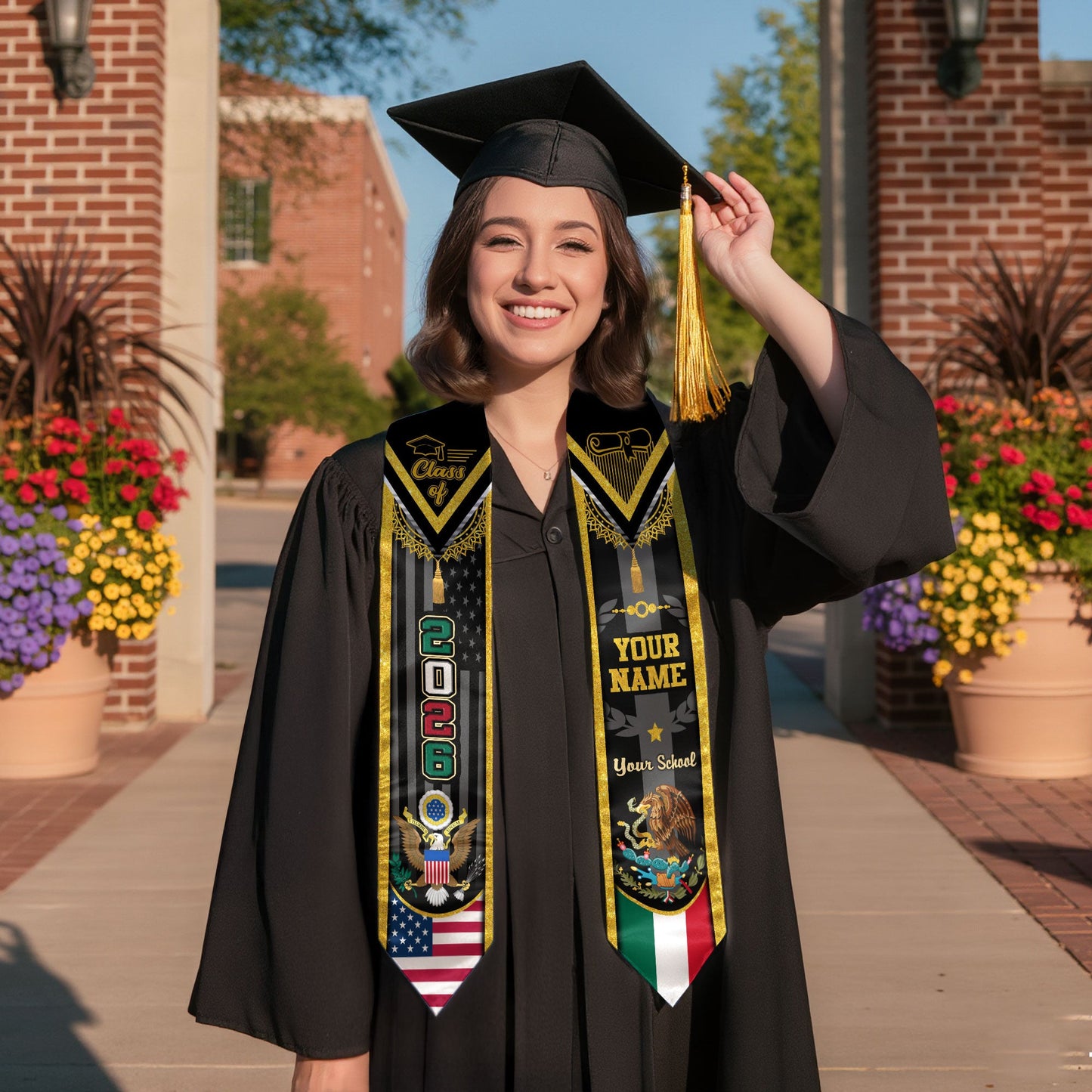 Custom USA Mexico Heritage Graduation Stole 2026 – Personalized Senior Sash with Eagle Crest & National Flag Design