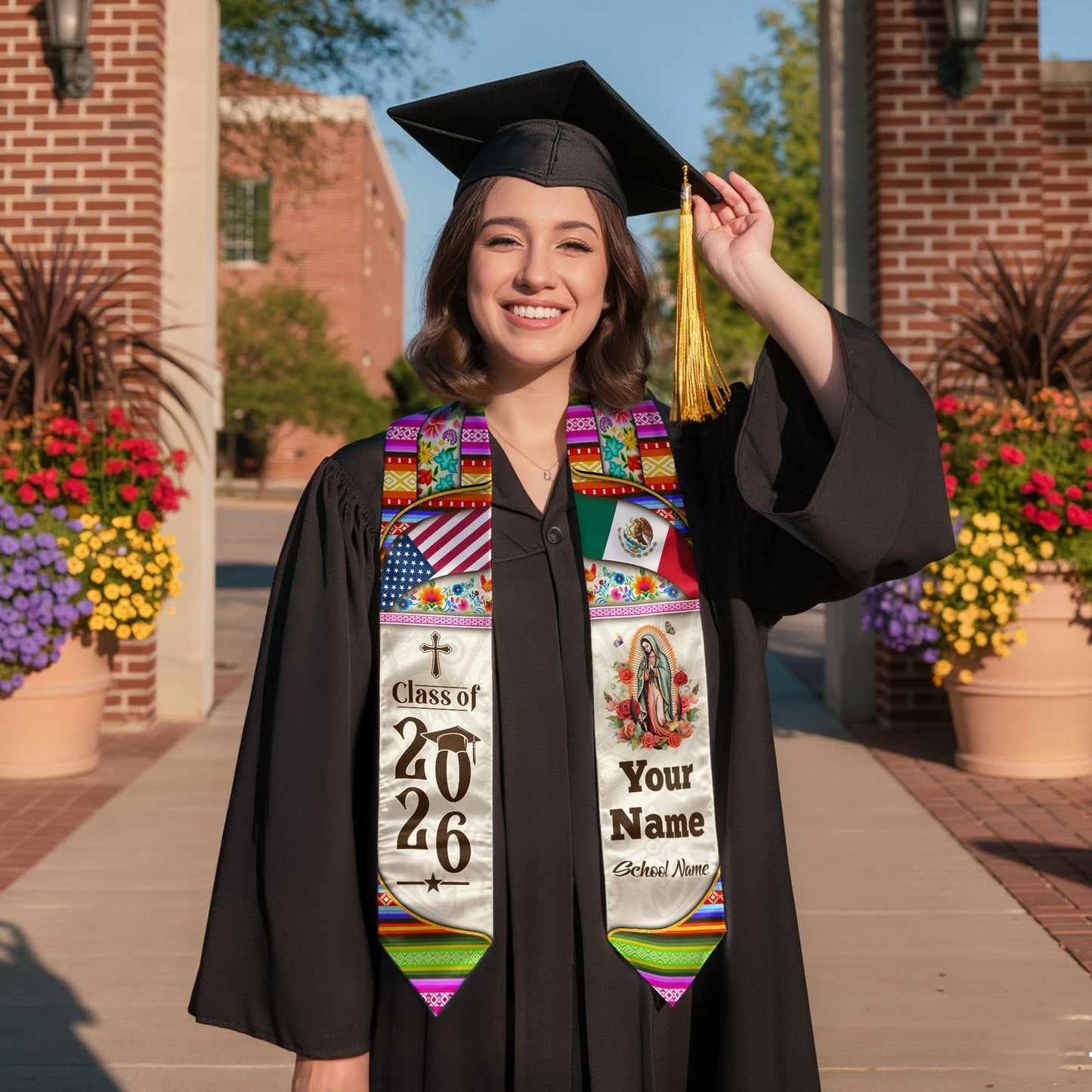 Custom Mexican Graduation Stole Mexico Sash Virgin Mary Cross Aztec Floral USA Flag 2026