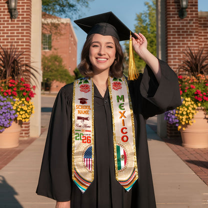 Mexican Graduation Stole Custom Name Mexico USA Flag Aztec Rose Class 2026
