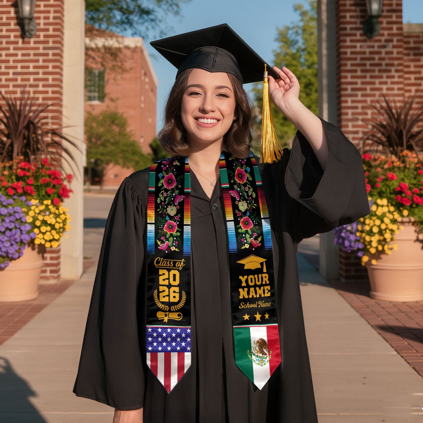 Custom Mexican Graduation Stole Mexico USA Flag Serape Floral Class 2026