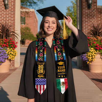 Custom Mexican Graduation Stole Mexico USA Flag Serape Floral Class 2026