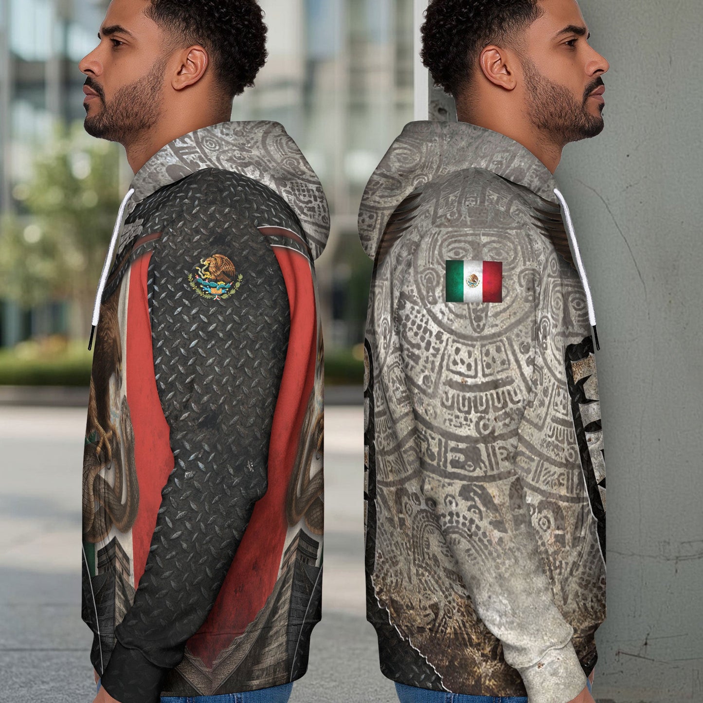 Mexico Flag Eagle Serpent Aztec Pyramid Stone Steel Heritage Warrior Pride Hoodie