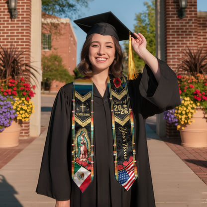 Custom Mexican Graduation Stole 2026 Virgin Mary Cross USA Flag Aztec Patterns Sash