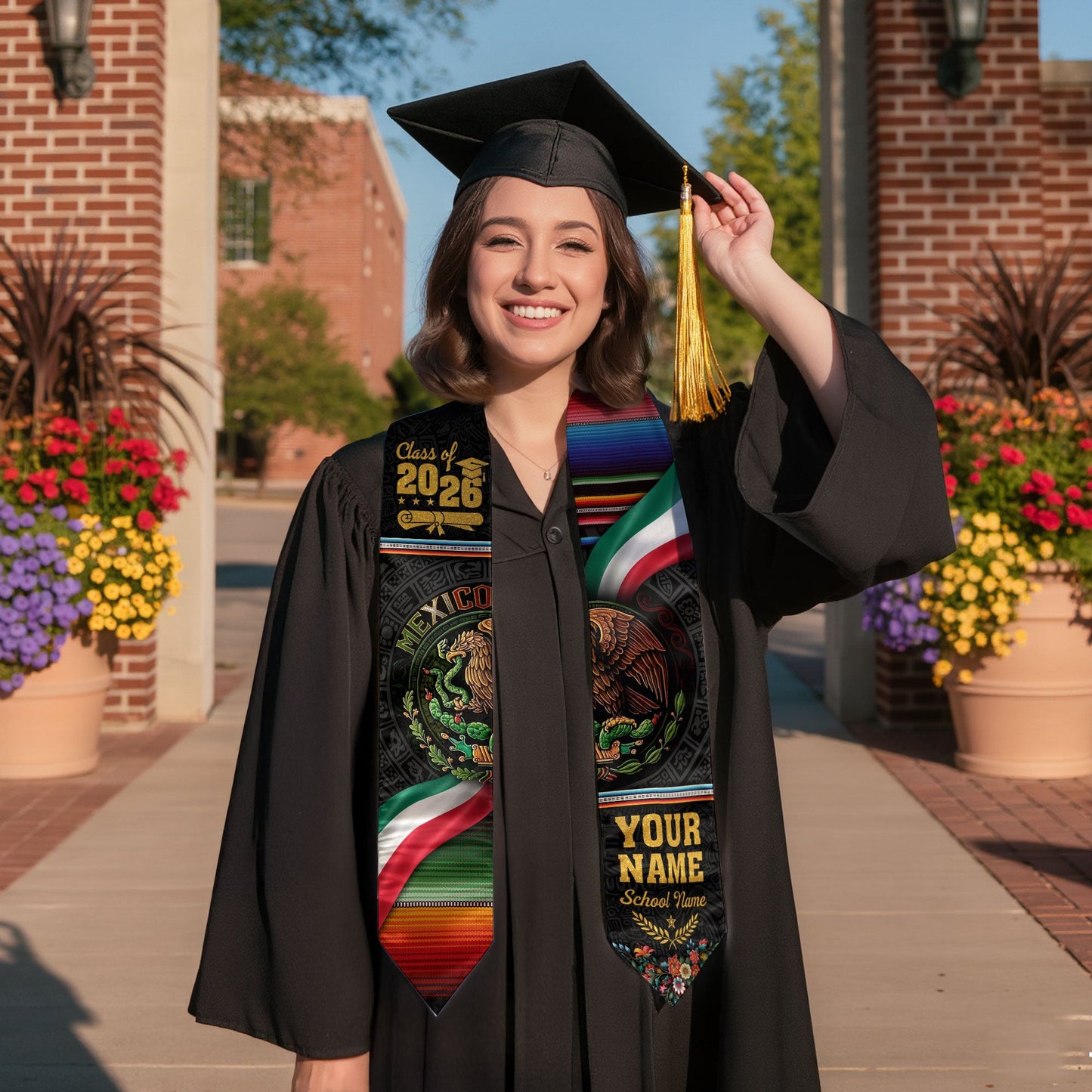 Mexican Graduation Stole Aztec Eagle Flag Serape Custom Mexico Sash 2026 Floral Crest