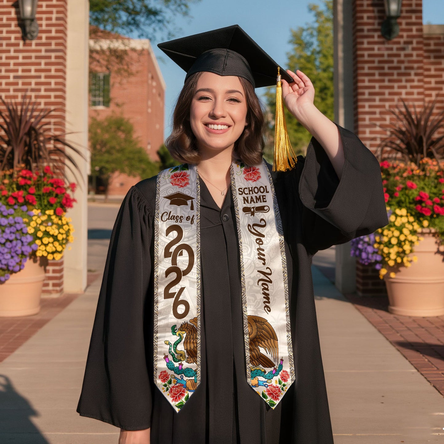 Mexican Graduation Stole Aztec Eagle Cactus Floral Custom Mexico Sash 2026